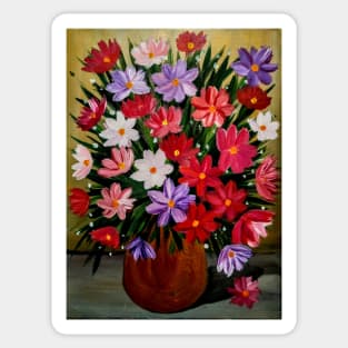 A beautiful bouquet of mixed flowers in a gold vase Sticker